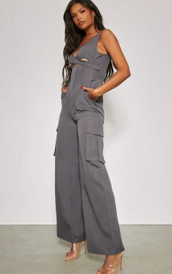 Charcoal Cross Chest Corset Detail Lightweight Cargo Jumpsuit