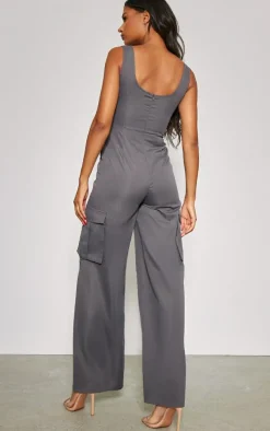 Charcoal Cross Chest Corset Detail Lightweight Cargo Jumpsuit