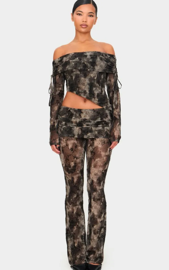 Charcoal Devore Mesh Foldover Slim Flare Pants