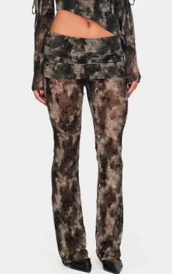 Charcoal Devore Mesh Foldover Slim Flare Pants