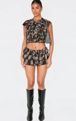 Charcoal Devore Mesh Ruffle Bloomer Shorts