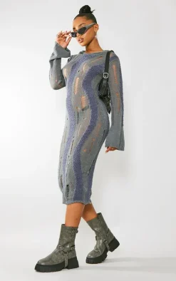 Charcoal Distressed Contrast Fluffy Knit Hooded Midi Dress