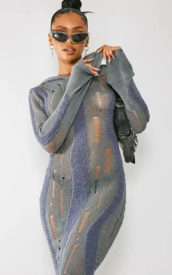 Charcoal Distressed Contrast Fluffy Knit Hooded Midi Dress