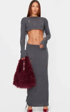 Charcoal Distressed Knit Side Lace Up Maxi Skirt