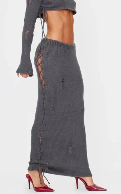 Charcoal Distressed Knit Side Lace Up Maxi Skirt