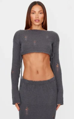 Charcoal Distressed Knit Lace Up Flared Sleeve Cropped Sweater