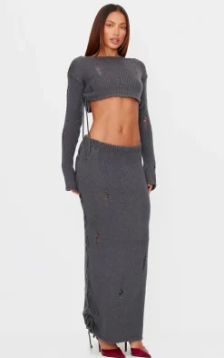 Charcoal Distressed Knit Lace Up Flared Sleeve Cropped Sweater