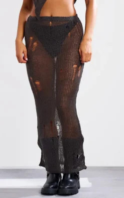 Charcoal Distressed Open Knit Midi Skirt