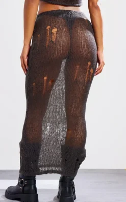 Charcoal Distressed Open Knit Midi Skirt