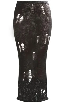 Charcoal Distressed Open Knit Midi Skirt