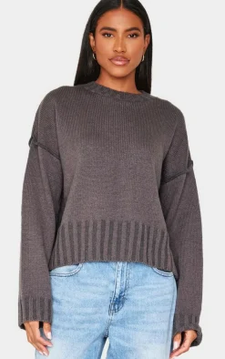 Charcoal Exposed Seam Chunky Knit Oversized Sweater