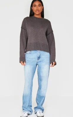 Charcoal Exposed Seam Chunky Knit Oversized Sweater