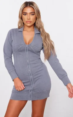 Charcoal Exposed Seam Zip Up Sweat Bodycon Dress