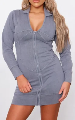 Charcoal Exposed Seam Zip Up Sweat Bodycon Dress