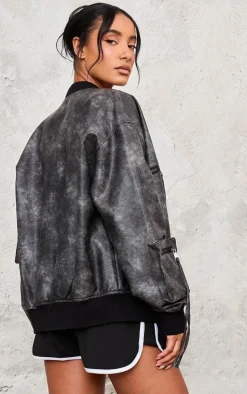 Charcoal Extreme Distressed Faux Leather Bomber Jacket