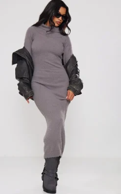 Charcoal Eyelash Knit Split Maxi Dress