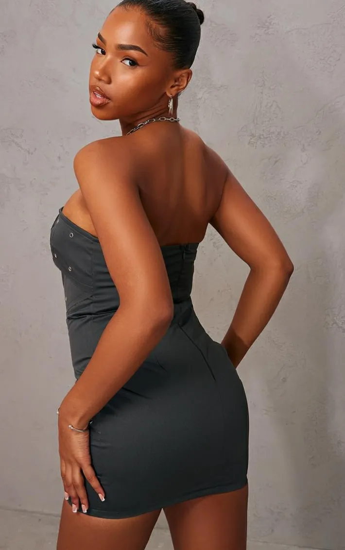 Charcoal Eyelet Belted Wrap Bandeau Bodycon Dress