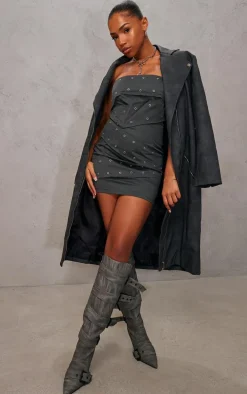 Charcoal Eyelet Belted Wrap Bandeau Bodycon Dress