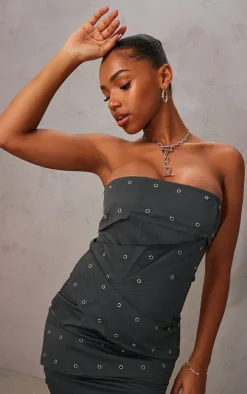 Charcoal Eyelet Belted Wrap Bandeau Bodycon Dress