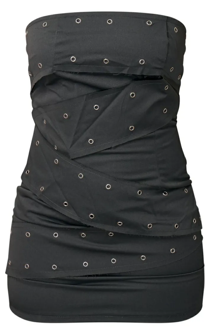 Charcoal Eyelet Belted Wrap Bandeau Bodycon Dress