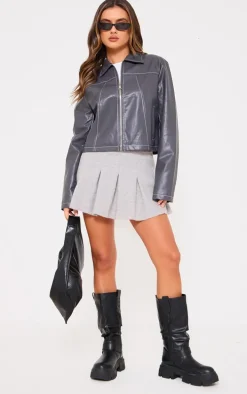 Charcoal Faux Leather Contrast Stitch Jacket
