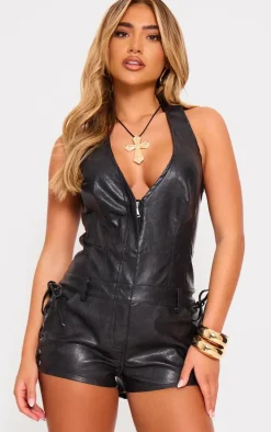 Charcoal Faux Leather Halterneck Lace Short Romper