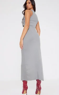 Charcoal Fine Rib Racer Neck Maxi Dress