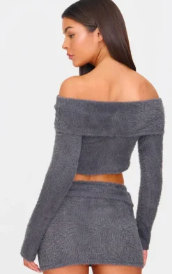 Charcoal Fluffy Textured Asymmetric Fold Over Bardot Top