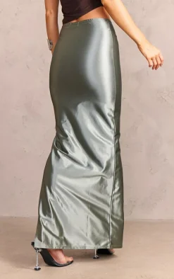 Charcoal Green Stretch Satin Split Side Maxi Skirt