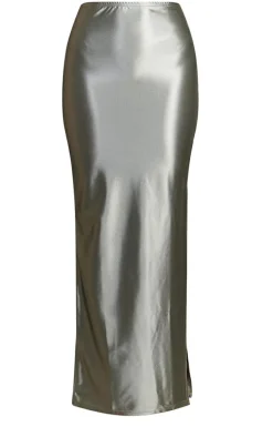 Charcoal Green Stretch Satin Split Side Maxi Skirt