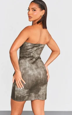 Charcoal Grey Acid Wash Seam Detail Bandeau Bodycon Dress