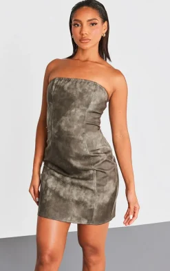Charcoal Grey Acid Wash Seam Detail Bandeau Bodycon Dress