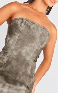 Charcoal Grey Acid Wash Seam Detail Bandeau Bodycon Dress