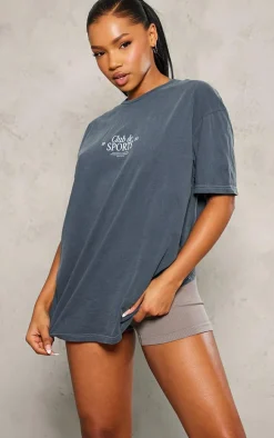 Charcoal Grey Club Sports Graphic Oversized T Shirt