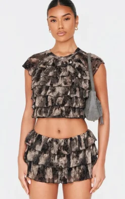Charcoal Grey Devore Mesh Ruffle Top