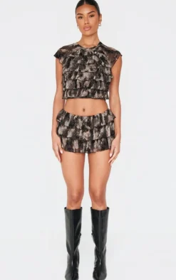 Charcoal Grey Devore Mesh Ruffle Top