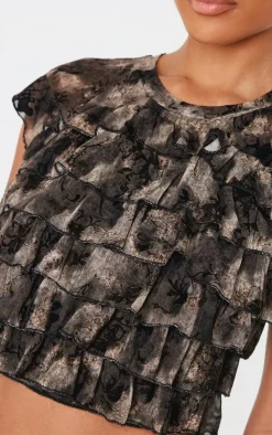 Charcoal Grey Devore Mesh Ruffle Top