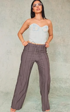 Charcoal Grey Exposed Seam Tie Front Mid Rise Pants