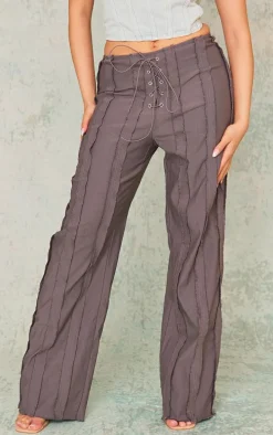Charcoal Grey Exposed Seam Tie Front Mid Rise Pants