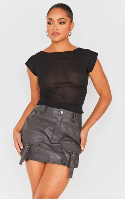 Charcoal Grey Faux Leather Pocket Detail Cargo Mini Skirt