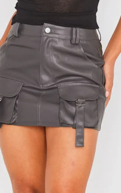 Charcoal Grey Faux Leather Pocket Detail Cargo Mini Skirt