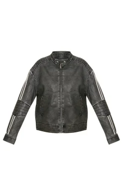 Charcoal Grey Faux Leather Distressed Quilted Detail Biker Jacket