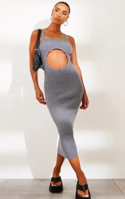 Charcoal Grey Front Cut Out Soft Rib Maxi Dress