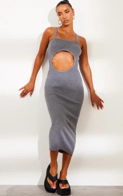 Charcoal Grey Front Cut Out Soft Rib Maxi Dress