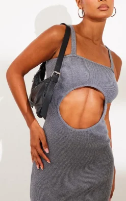 Charcoal Grey Front Cut Out Soft Rib Maxi Dress