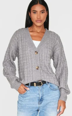 Charcoal Grey Marl Cable Knit Button Up Oversized Cardigan
