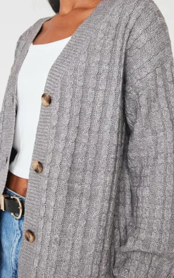 Charcoal Grey Marl Cable Knit Button Up Oversized Cardigan