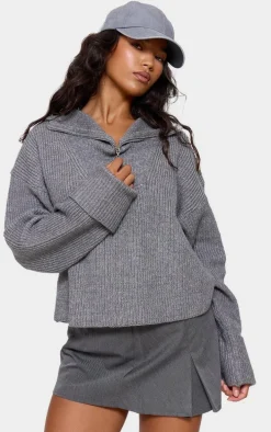 Charcoal Grey Marl Chunky Knit Half Zip Sweater