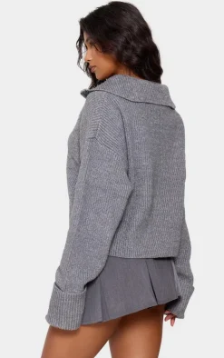 Charcoal Grey Marl Chunky Knit Half Zip Sweater