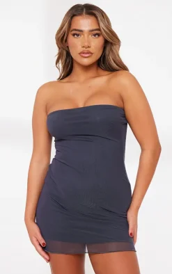 Charcoal Grey Mesh Lettuce Hem Bandeau Bodycon Dress